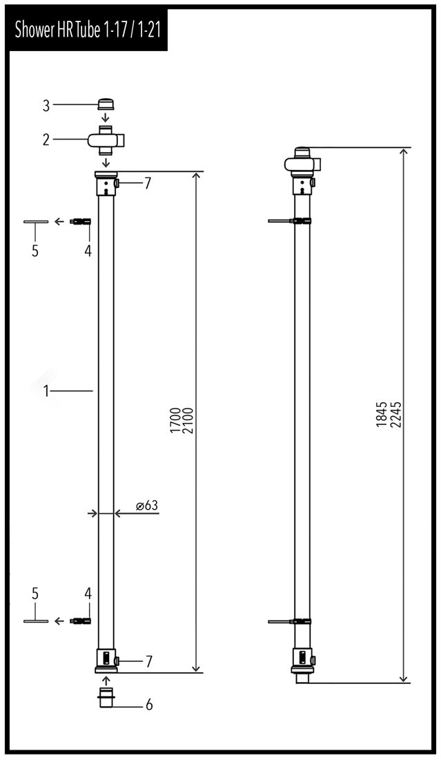 Maattekening met de afmetingen van de Shower HR Tube 1-17 en 1-21