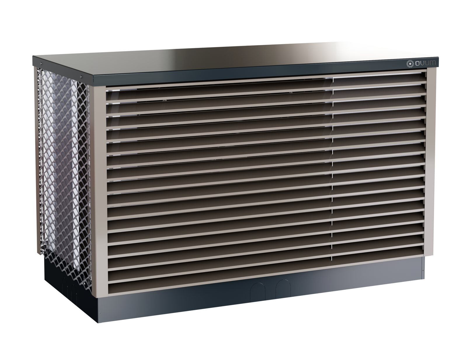 AirCube in grijs van de zijkant, met het rooster van de verdamper
