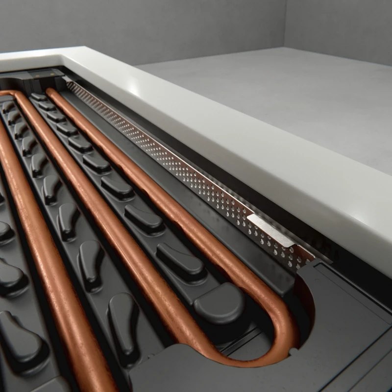 Detail van de koperen leidingen van de warmtewisselaar in de X-Tray