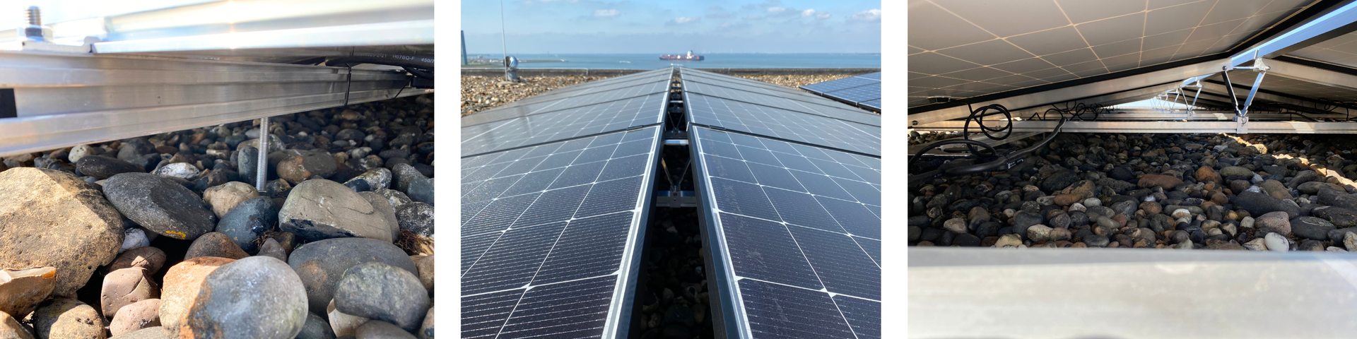 Detail van de montagerail op het grind, de panelenrij richting de Westerschelde en de kabelgoot onder de panelen