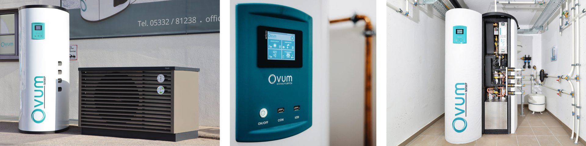 De CubeSpeicher naast de buitenunit, het bedieningsdisplay en de complete technische ruimte