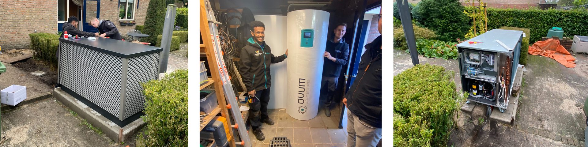 Monteurs bij de buitenunit, het CubeSpeicher buffervat dat naar binnen wordt gebracht en de geopende warmtepomp