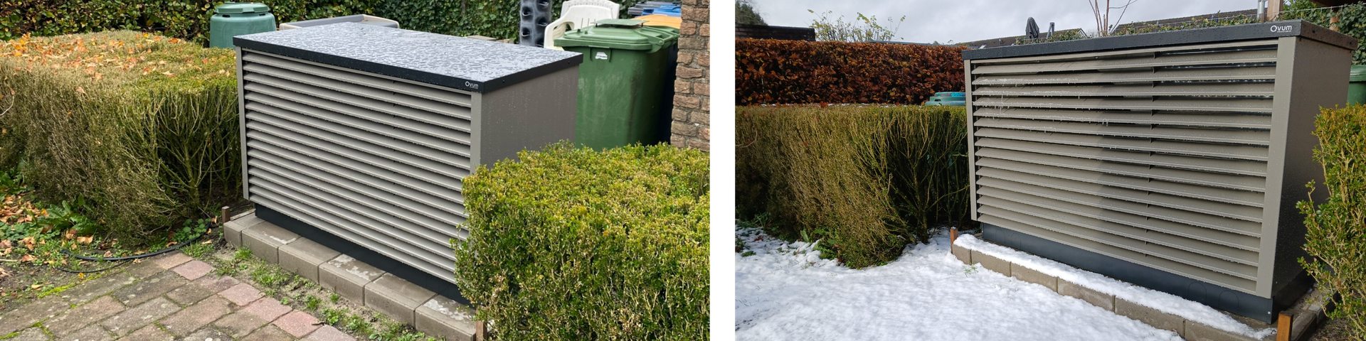 De Ovum AC312P buitenunit in de tuin, in het najaar en in de sneeuw