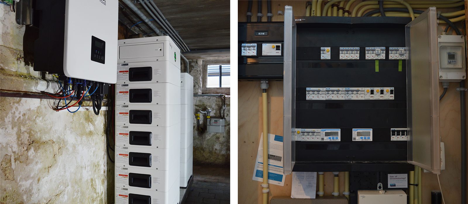 De Solax thuisbatterij met hybride omvormer in de kelder en de meterkast met drie afzonderlijke groepen