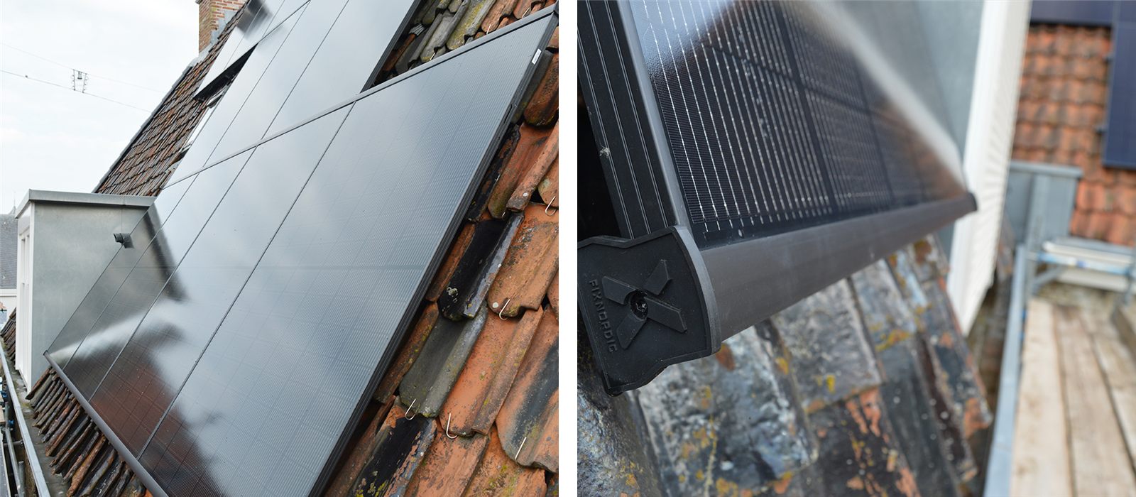 Full black zonnepanelen op het pannendak en een detail van het Fixnordic inlegsysteem