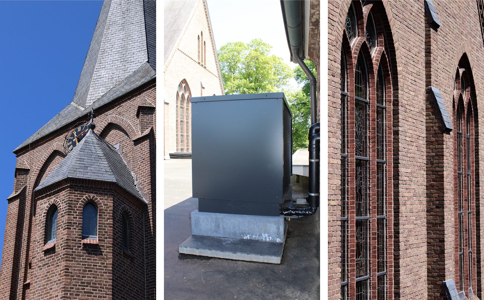 De kerktoren, de Ovum buitenunit op het dak naast de kerk en de glas-in-loodramen van de parochie