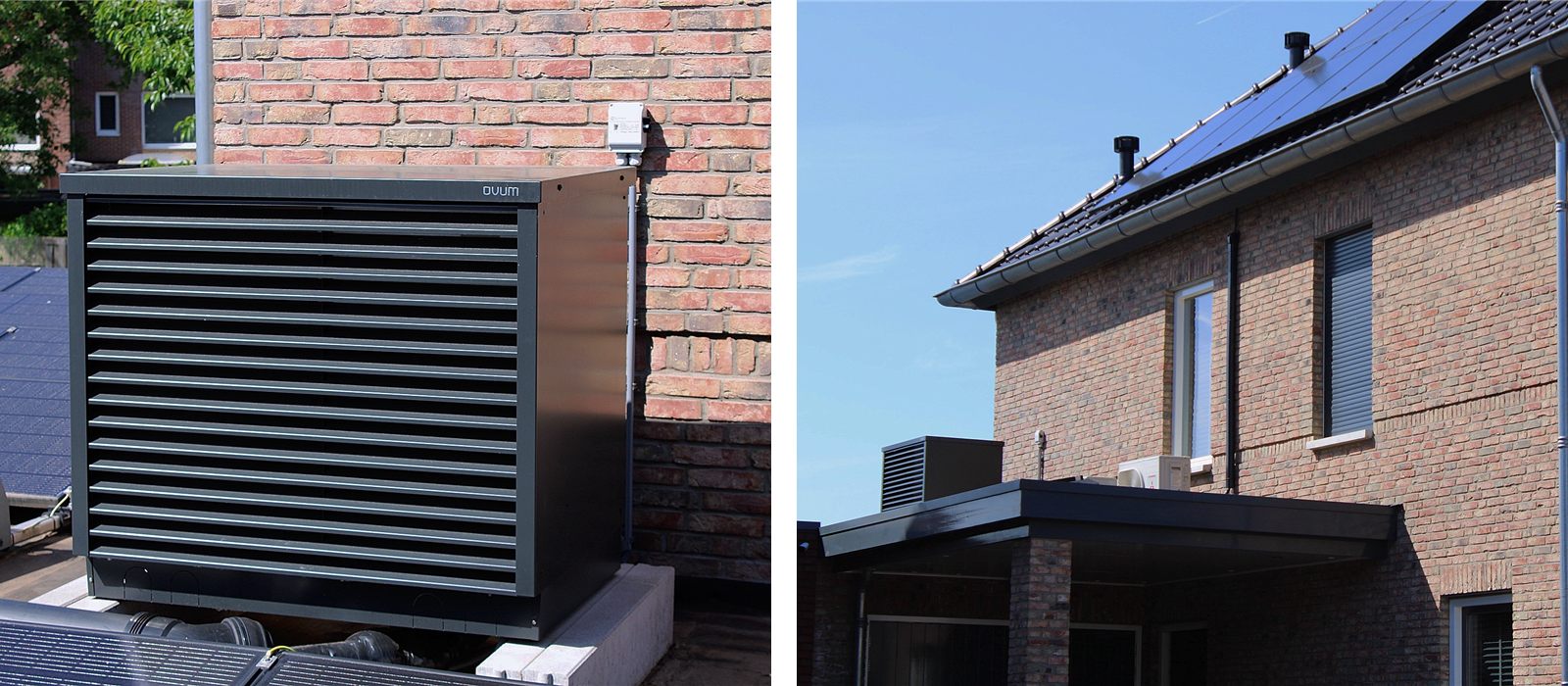 De Ovum buitenunit op het platte dak, en de nieuwbouwwoning met zonnepanelen op het dak