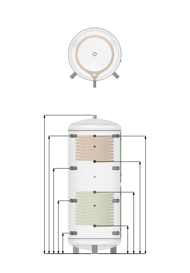 Maatschets / afmeting buffervat warmtepomp met een zonthermische warmtewisselaar EPS 2W